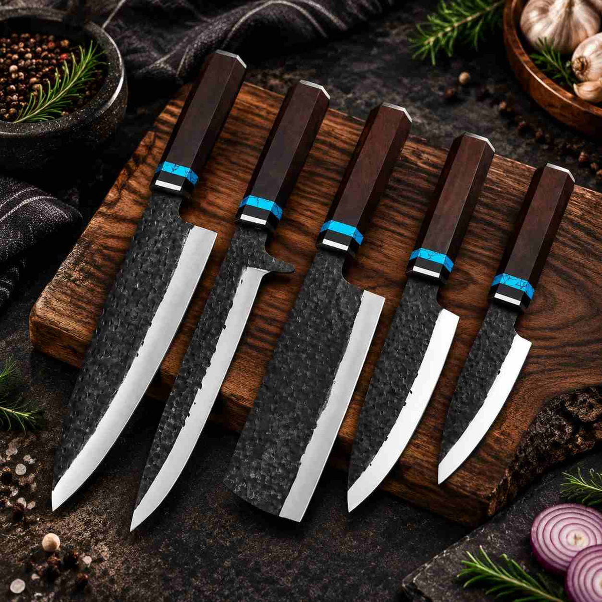 High carbon steel handmade chef knife set with hammered blade finish