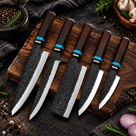 High carbon steel handmade chef knife set with hammered blade finish