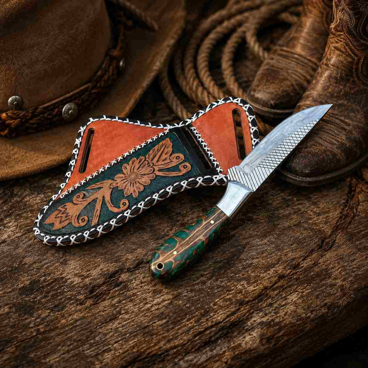 Horse Rasp western fixed blade knife with leather sheath