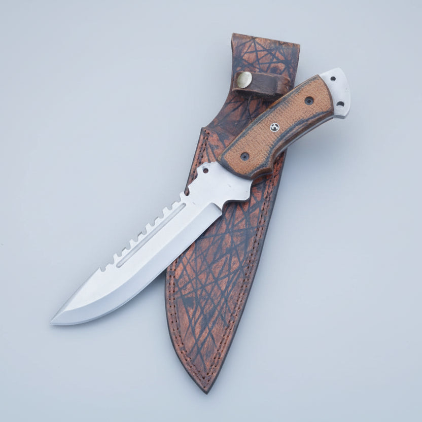 Hunter Point Bowie Knife with a leather sheath, branded 'Malika Knives'.