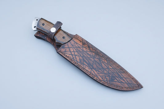 Knife with a leather sheath, featuring the brand 'Malika Knives'.