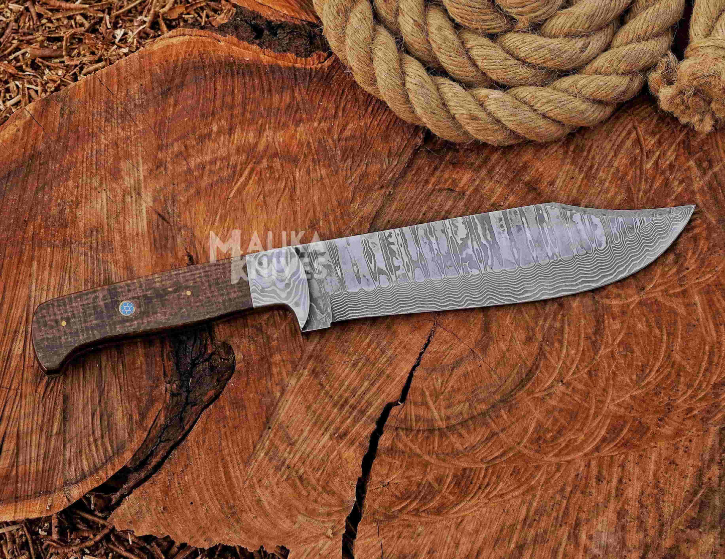 Stainless Damascus Hunting Knife with Leather Sheath.