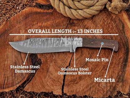 Knife with labeled components on a wooden background