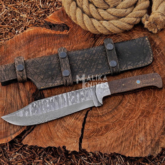 Hunting knife with stainless Damascus steel blade, brown micarta handle, and full tang design, ideal for deer hunting and skinning.