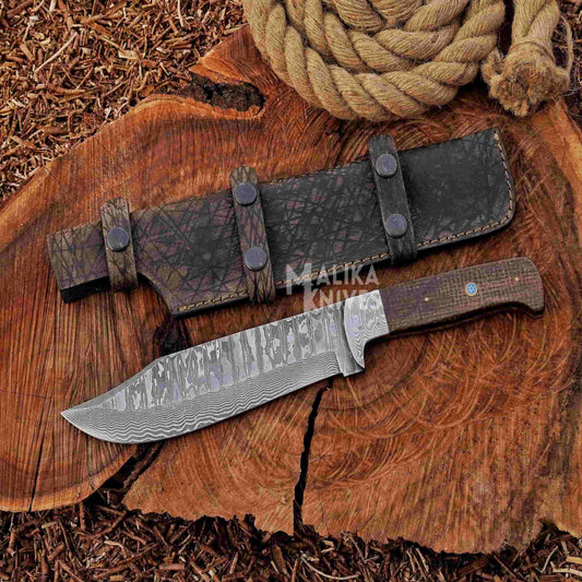 Hunting Knife with a sheath on a wooden surface, featuring the brand 'Malika Knives'.