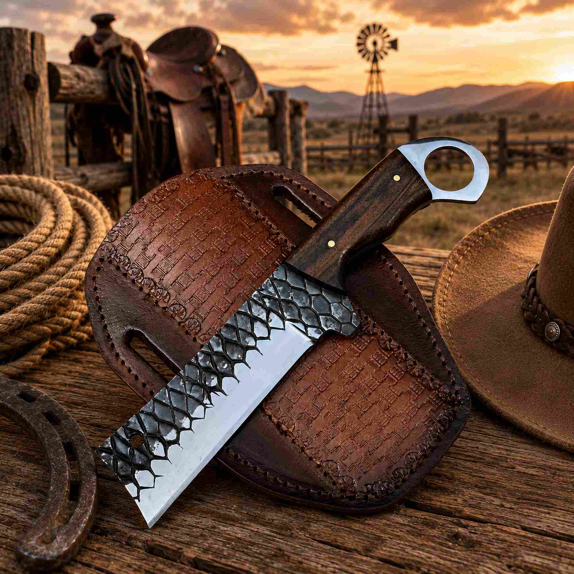 Handmade ironwood bull cutter knife with D2 rasp steel blade resting on crossdraw leather sheath