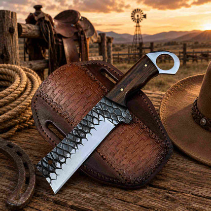 Handmade ironwood bull cutter knife with D2 rasp steel blade resting on crossdraw leather sheath