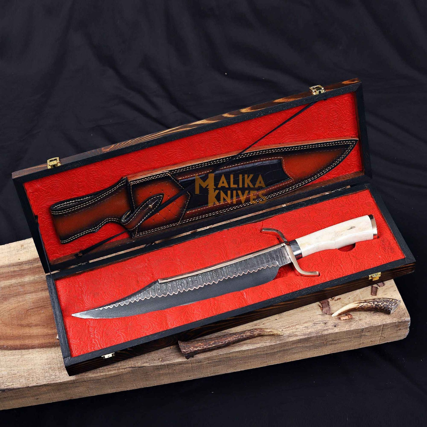Copper damascus Musso bowie knife in wooden box along with customised leaher sheath.