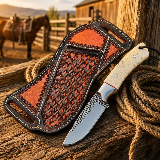 Buckaroo knife with rasp steel blade and camel bone handle