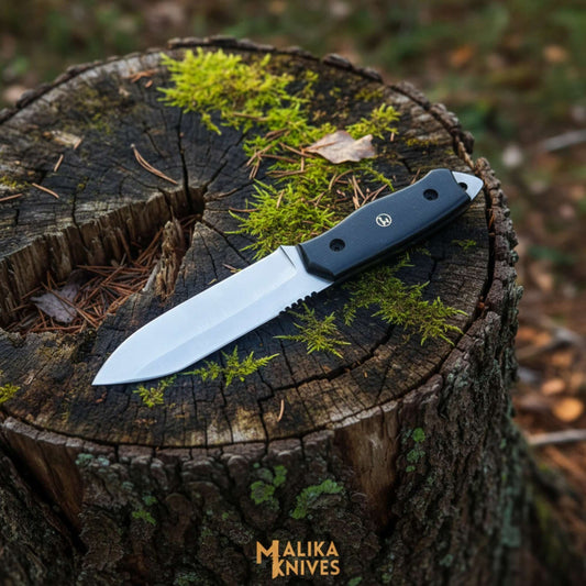 Sheepsfoot D2 hunting knife with black G10 handle and custom leather sheath on wooden surface