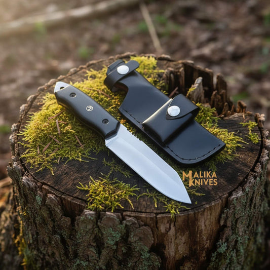 Sheepsfoot D2 hunting knife with black G10 handle and custom leather sheath on wooden surface