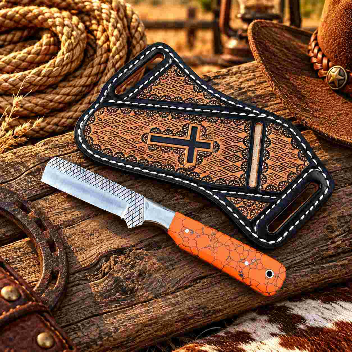 Orange cross-draw leather sheath with dark edging, decorative panels, and white stitching