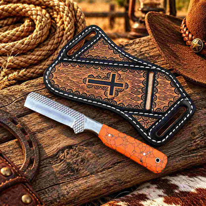 Orange cross-draw leather sheath with dark edging, decorative panels, and white stitching