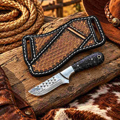 Close-up of the orange patterned stone handle and polished steel bolster
