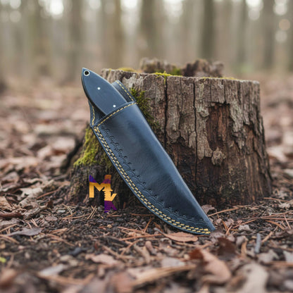 outlaws d2 hunting knife with bull horn handle in black sheath compact fixed blade for hunting
