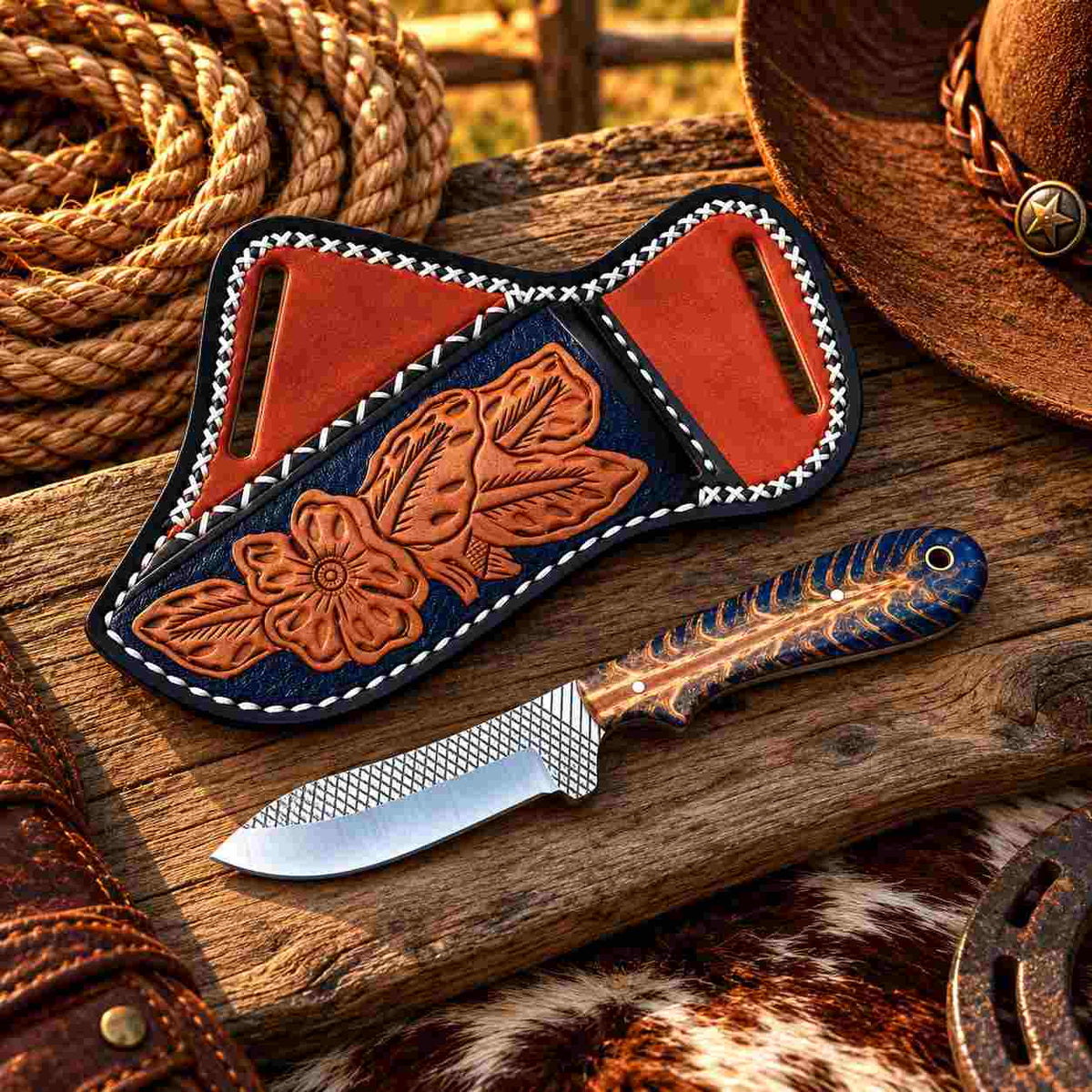 Tan geometric-patterned leather sheath with dark edging and contrasting white stitching