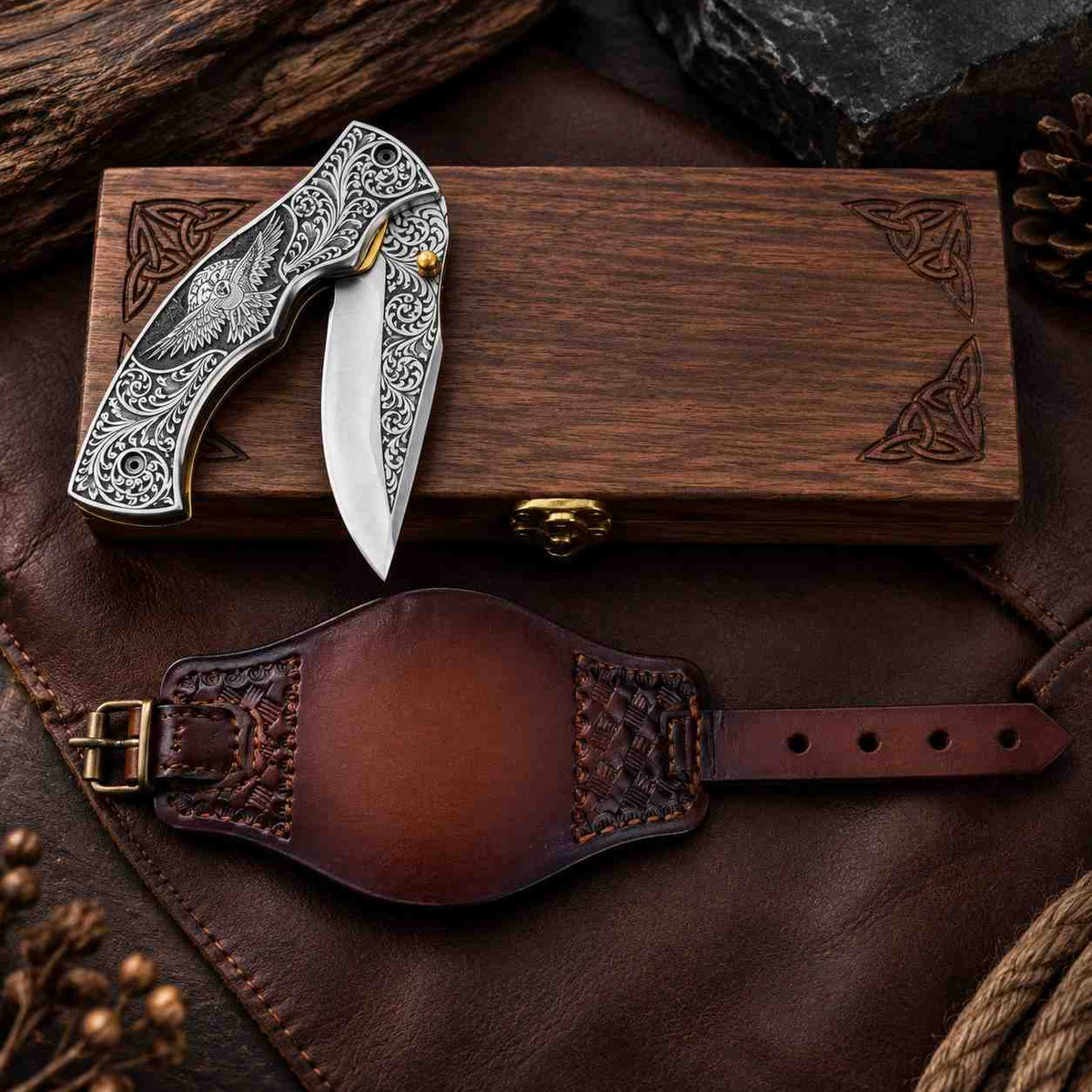 Personalized Viking Raven folding knife with engraved D2 steel blade and Norse design