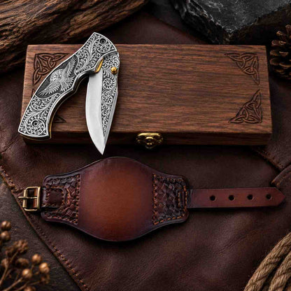 Personalized Viking Raven folding knife with engraved D2 steel blade and Norse design