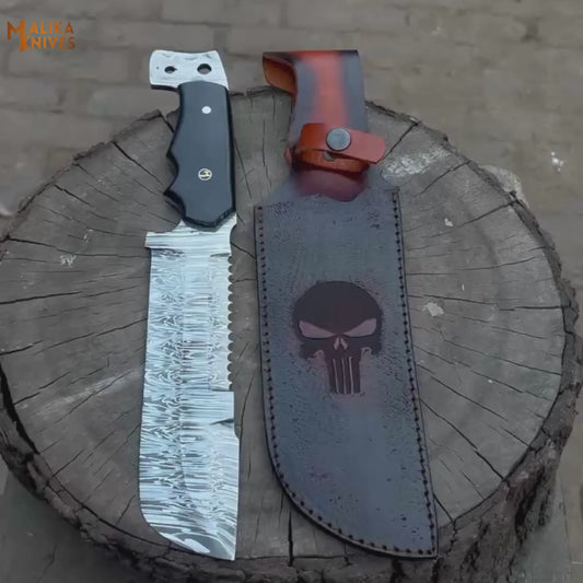 Close-up video of engraved Punisher leather sheath and knife details