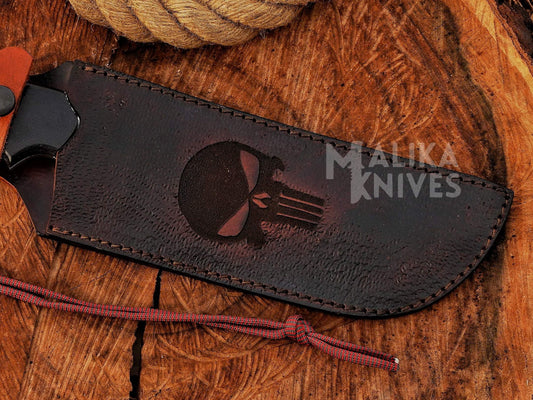  Video showcase of Punisher Bowie knife with Damascus steel fixed blade, G10 handle, and Punisher skull leather sheath for hunting, survival, and bushcraft.