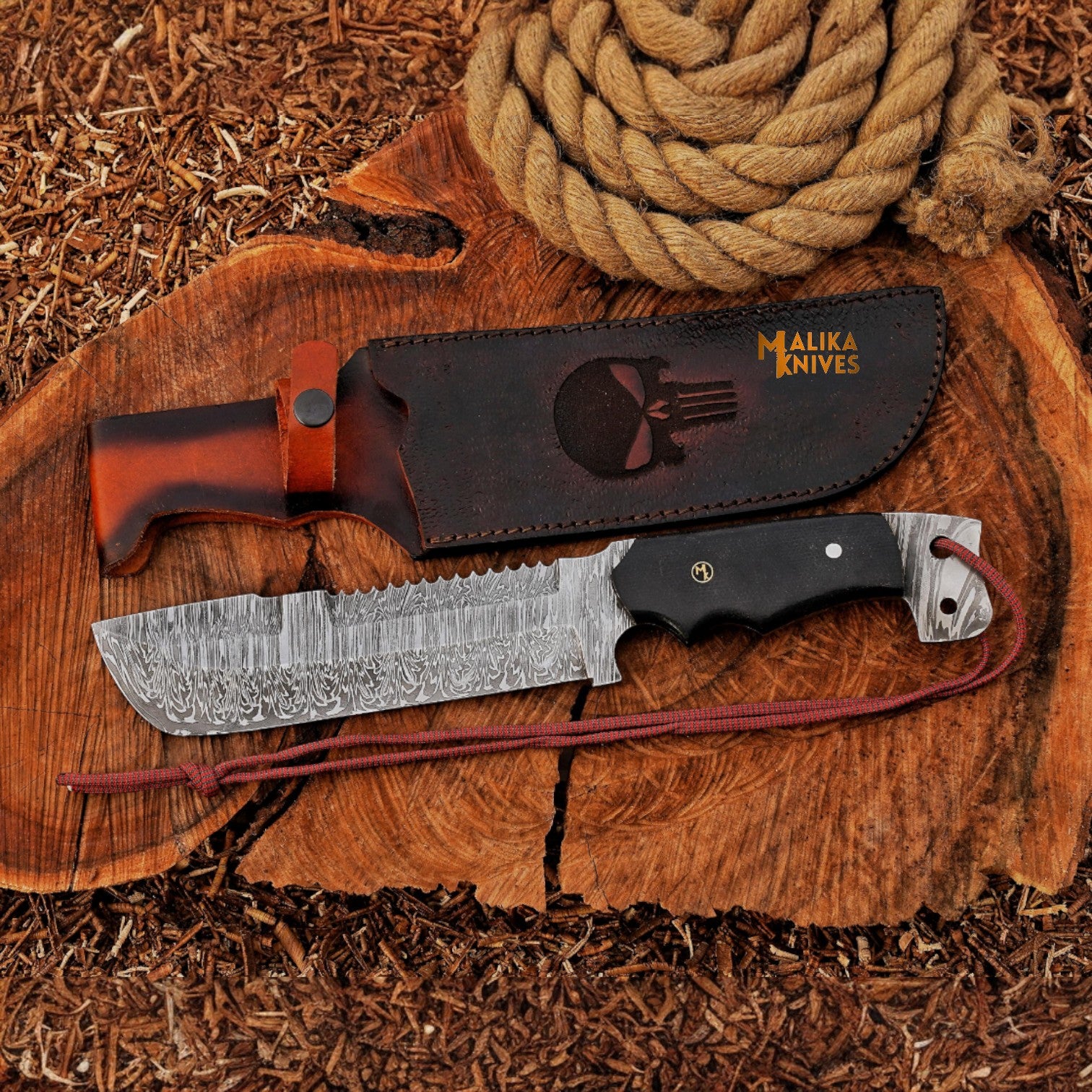 Front view of Punisher Bowie knife with Damascus steel fixed blade, black G10 handle, and custom leather sheath for hunting and bushcraft use.