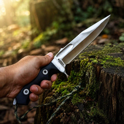 Close-up grip of Rambo Last Blood bowie knife with black micarta handle