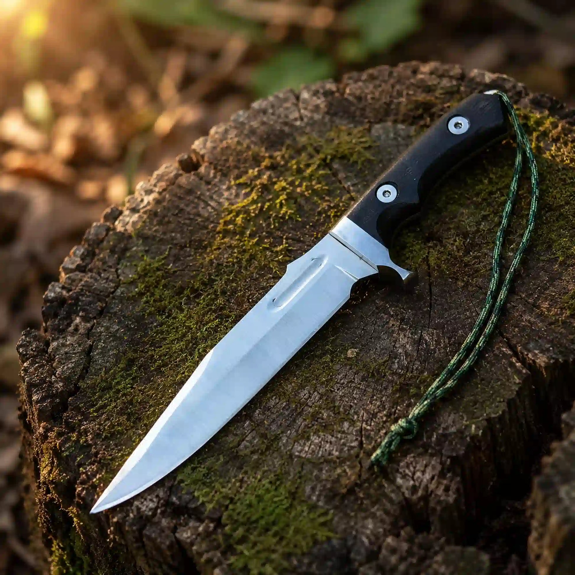 Handmade Rambo V Last Blood replica bowie knife with D2 blade and black micarta handle on a mossy stump