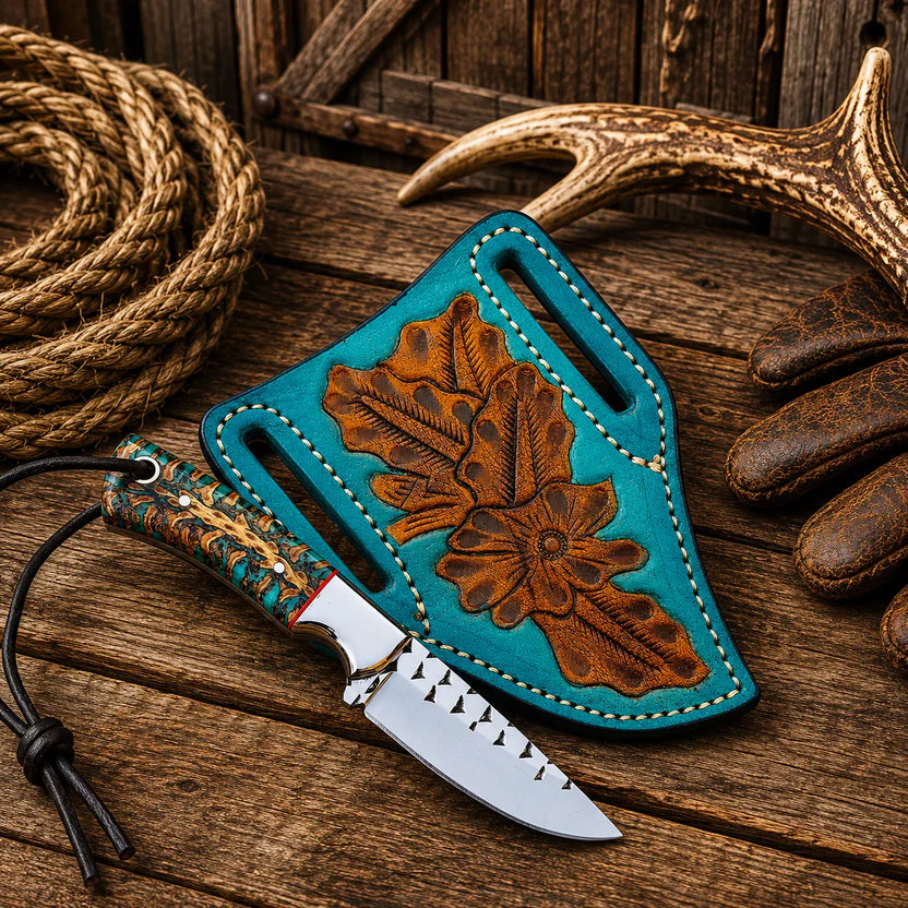 Cowboy field knife with rasp steel blade and pine cone handle