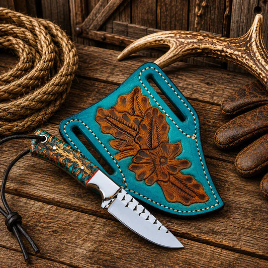 Cowboy field knife with rasp steel blade and pine cone handle