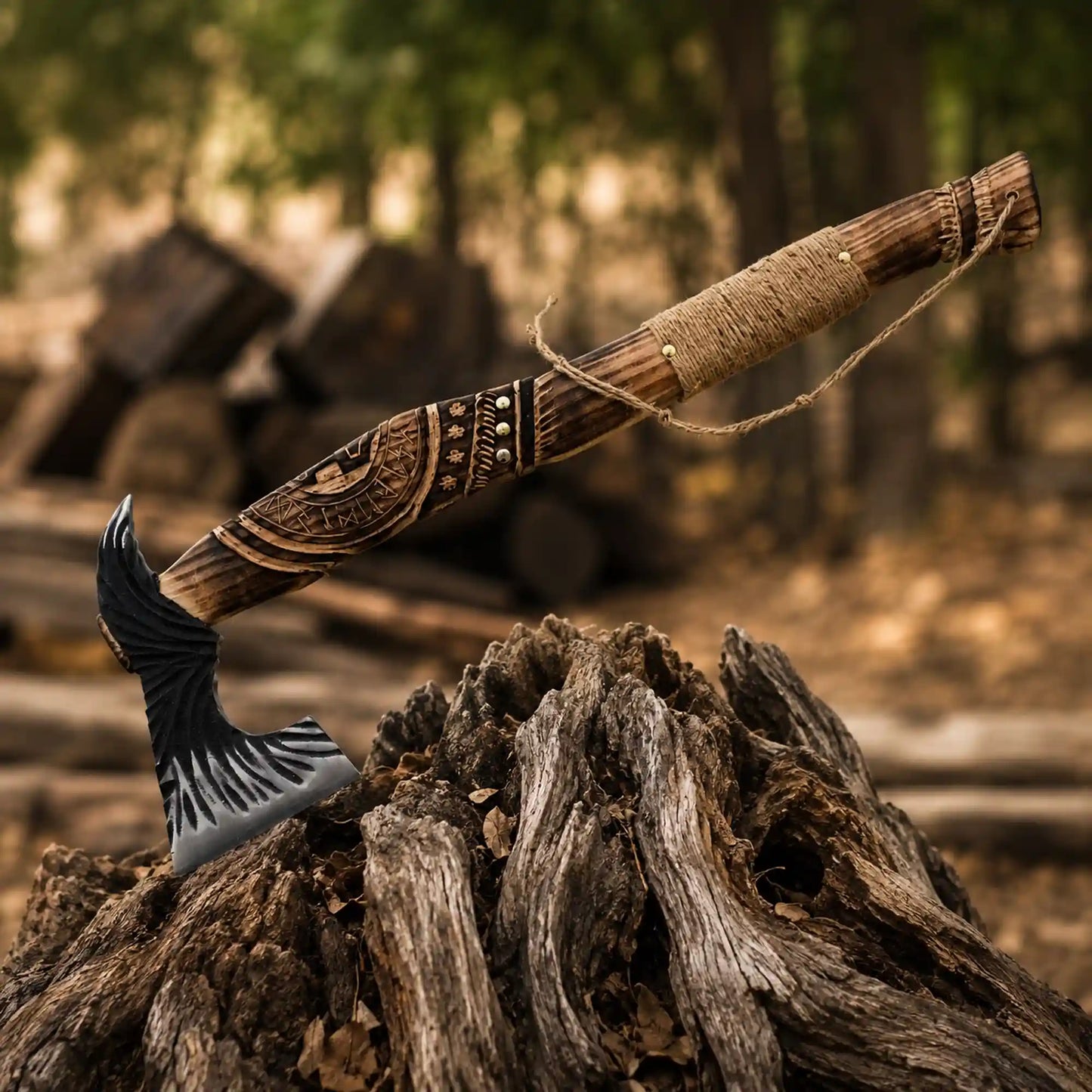 Hand-forged raven feather Viking axe with sculpted blackened 1075 head and carved rope-wrapped ash handle