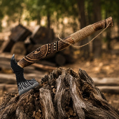 Hand-forged raven feather Viking axe with sculpted blackened 1075 head and carved rope-wrapped ash handle