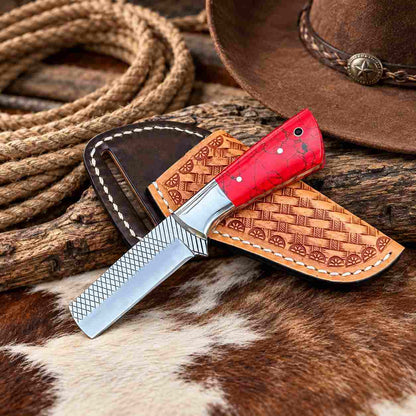Fixed blade knife with red stone handle and polished steel bolster