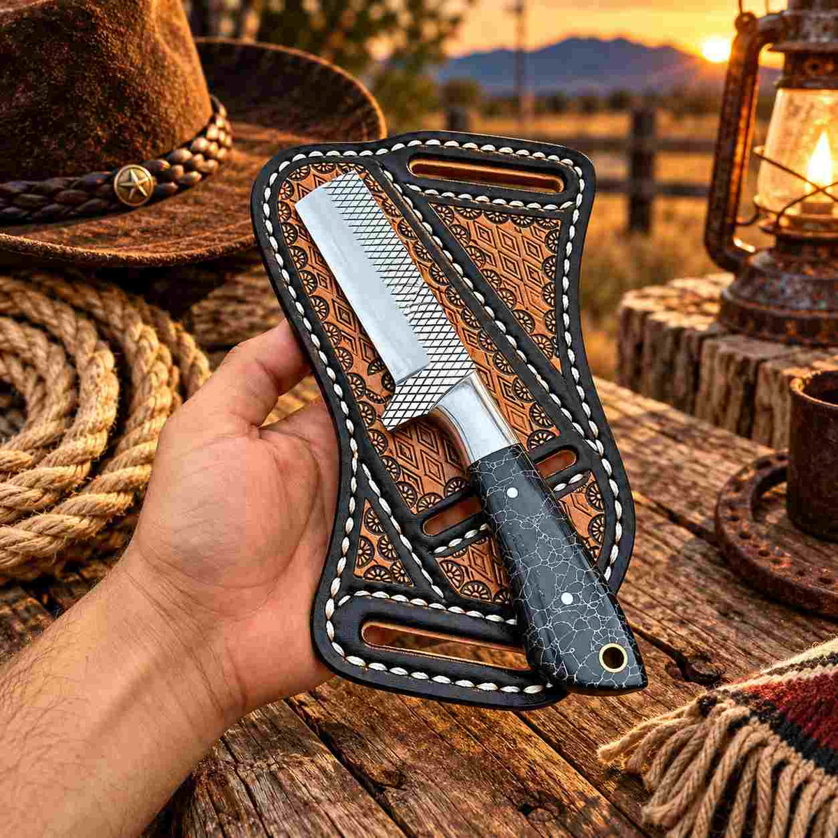 	

Western bull cutter with handcrafted resin and pinecone handle