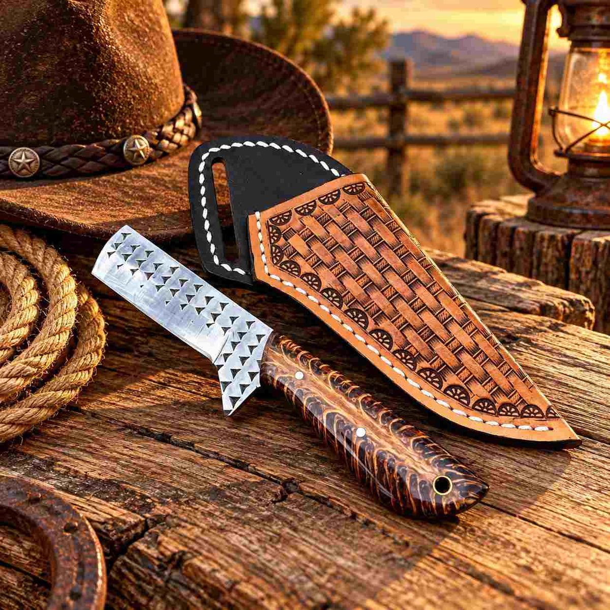 Western bull cutter with handcrafted resin and pinecone handle