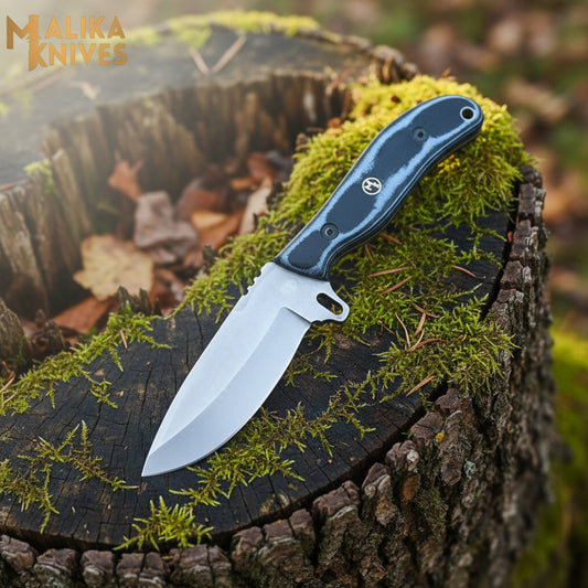 ridge runner hunting knife with d2 steel blade and micarta g10 handle with leather sheath