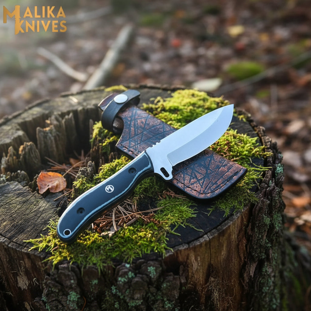 ridge runner hunting knife with d2 steel blade and micarta g10 handle with leather sheath