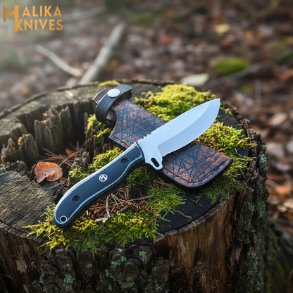 ridge runner hunting knife with d2 steel blade and micarta g10 handle with leather sheath