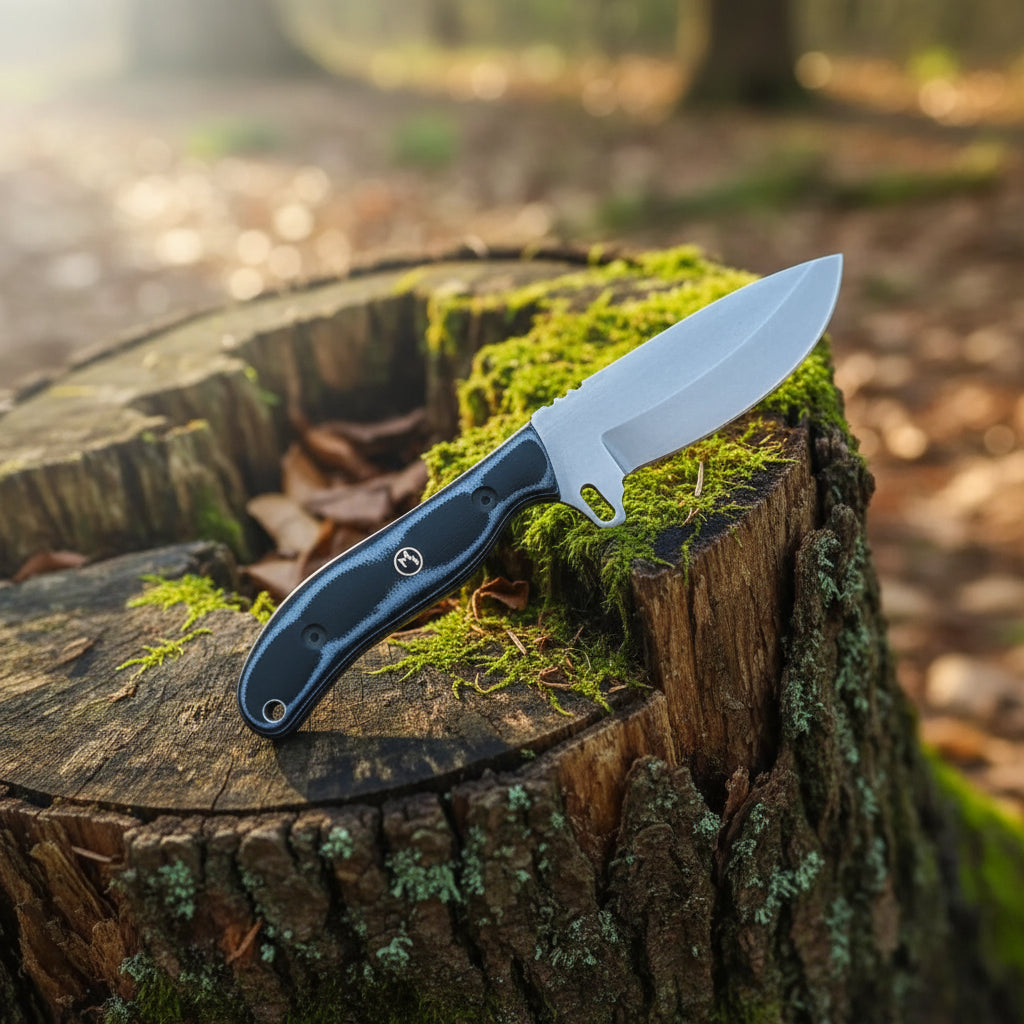 ridge runner hunting knife with d2 steel blade and micarta g10 handle with leather sheath