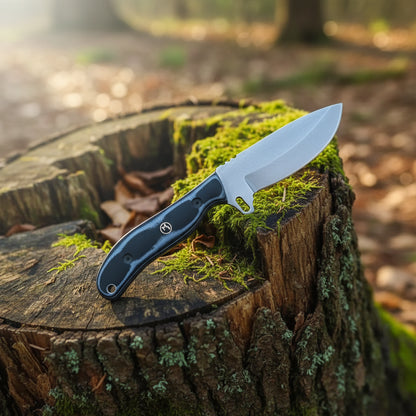 ridge runner hunting knife with d2 steel blade and micarta g10 handle with leather sheath