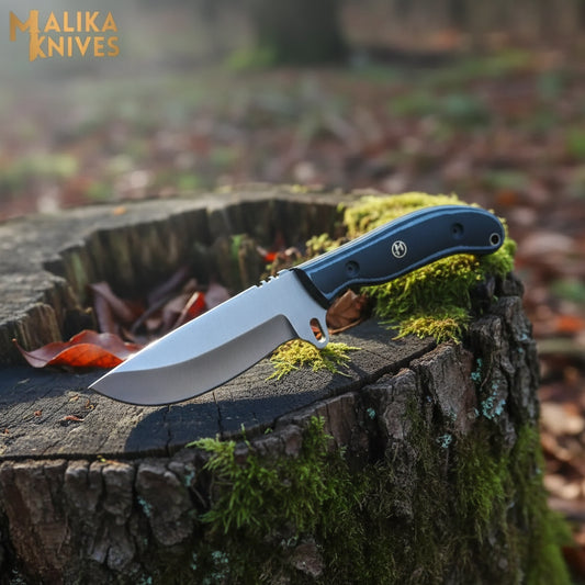 ridge runner hunting knife with d2 steel blade and micarta g10 handle with leather sheath
