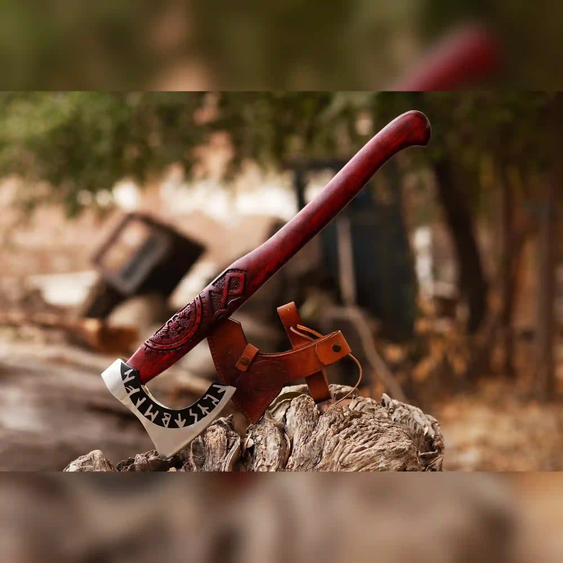 Hand-forged runic Viking axe with 1075 steel head, red ash handle and brown leather sheath