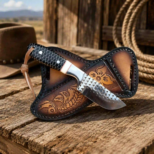 Buckaroo knife with camel bone honeycomb handle and crossdraw sheath