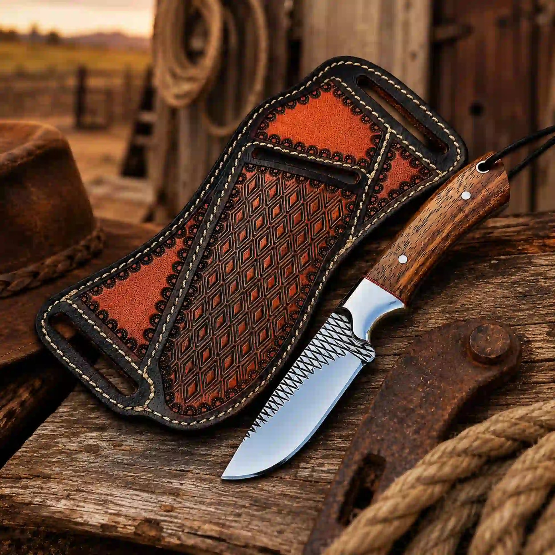 Buckaroo knife with rasp steel blade and rosewood handle