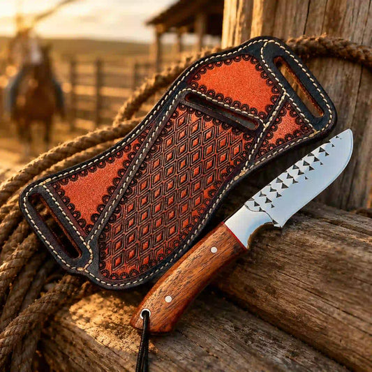Rosewood buckaroo knife with handmade leather sheath