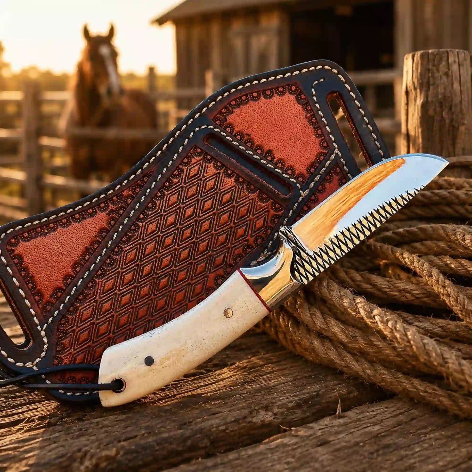 Camel bone buckaroo knife with leather sheath