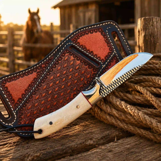 Camel bone buckaroo knife with leather sheath
