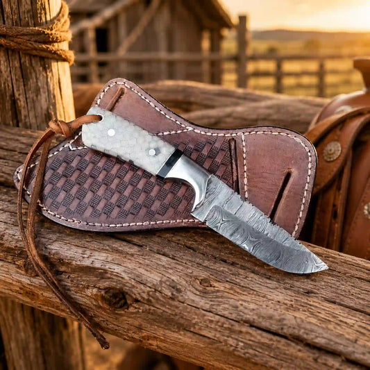 Damascus ranch knife with handmade leather sheath