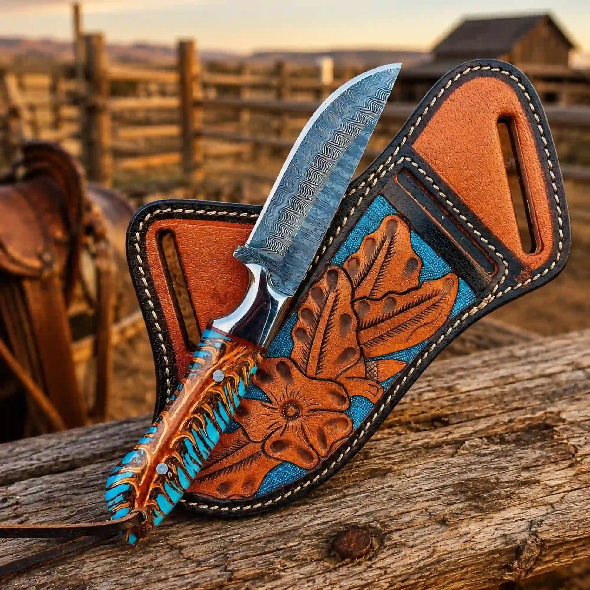 Buckaroo knife with leather sheath at sunset