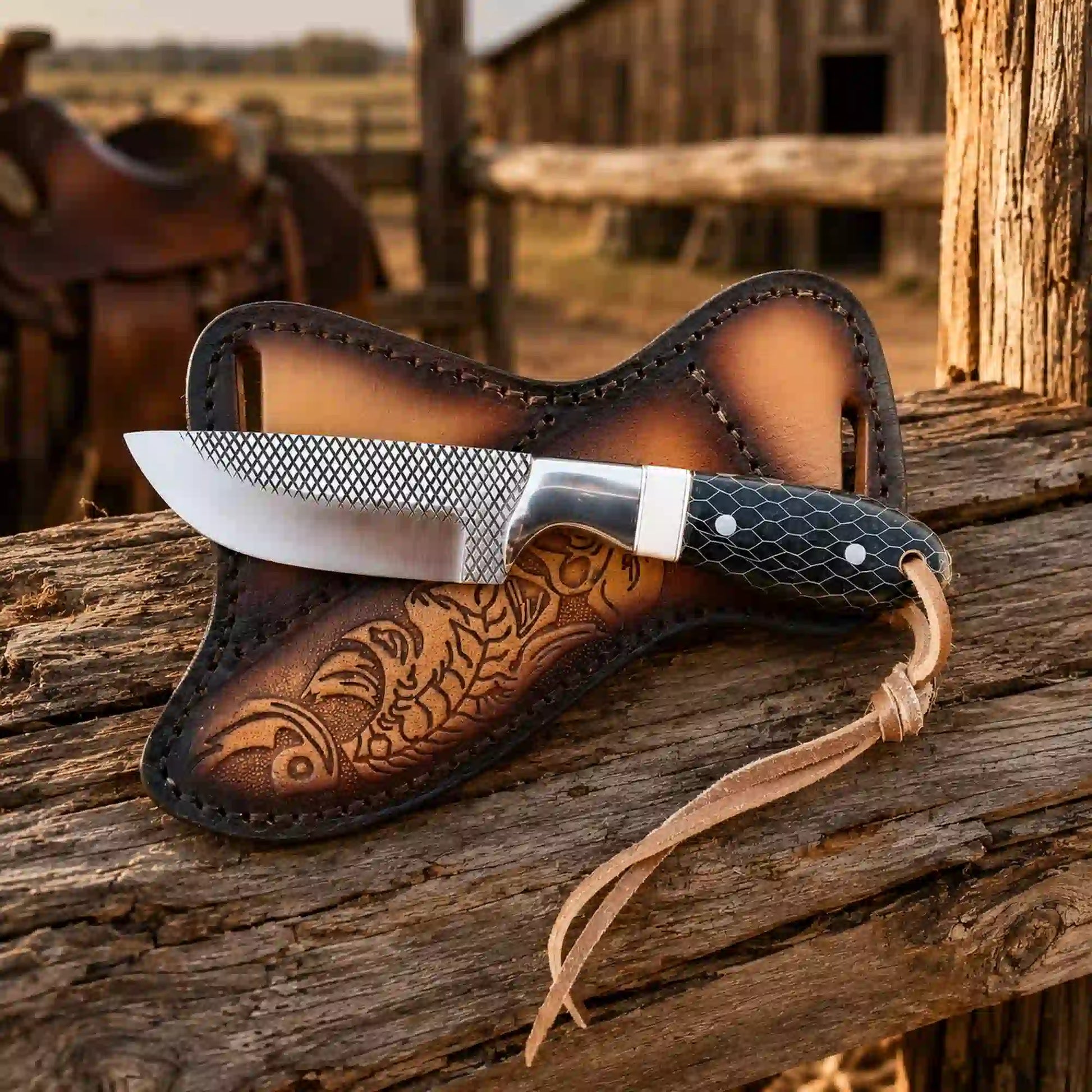 Buckaroo knife and crossdraw leather sheath at sunset