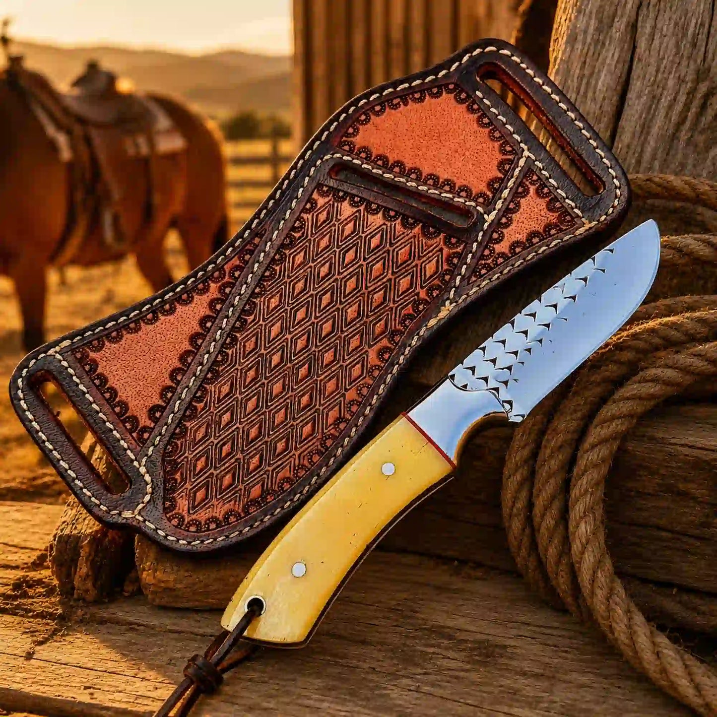 Buckaroo knife and handmade sheath at sunset